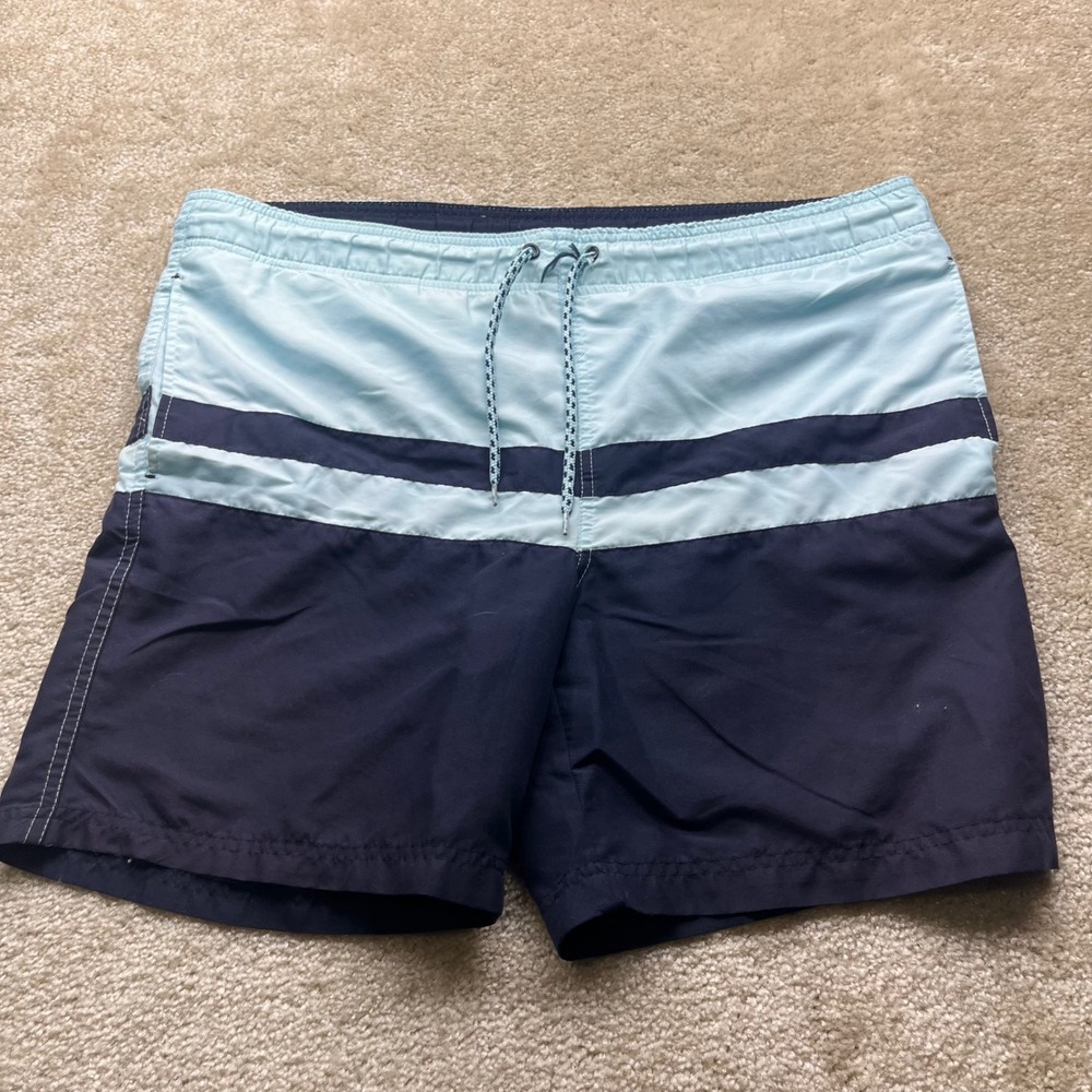 Mens Blue Colorblock Striped Swim Trunks Board Shorts Elastic Waist Drawstring